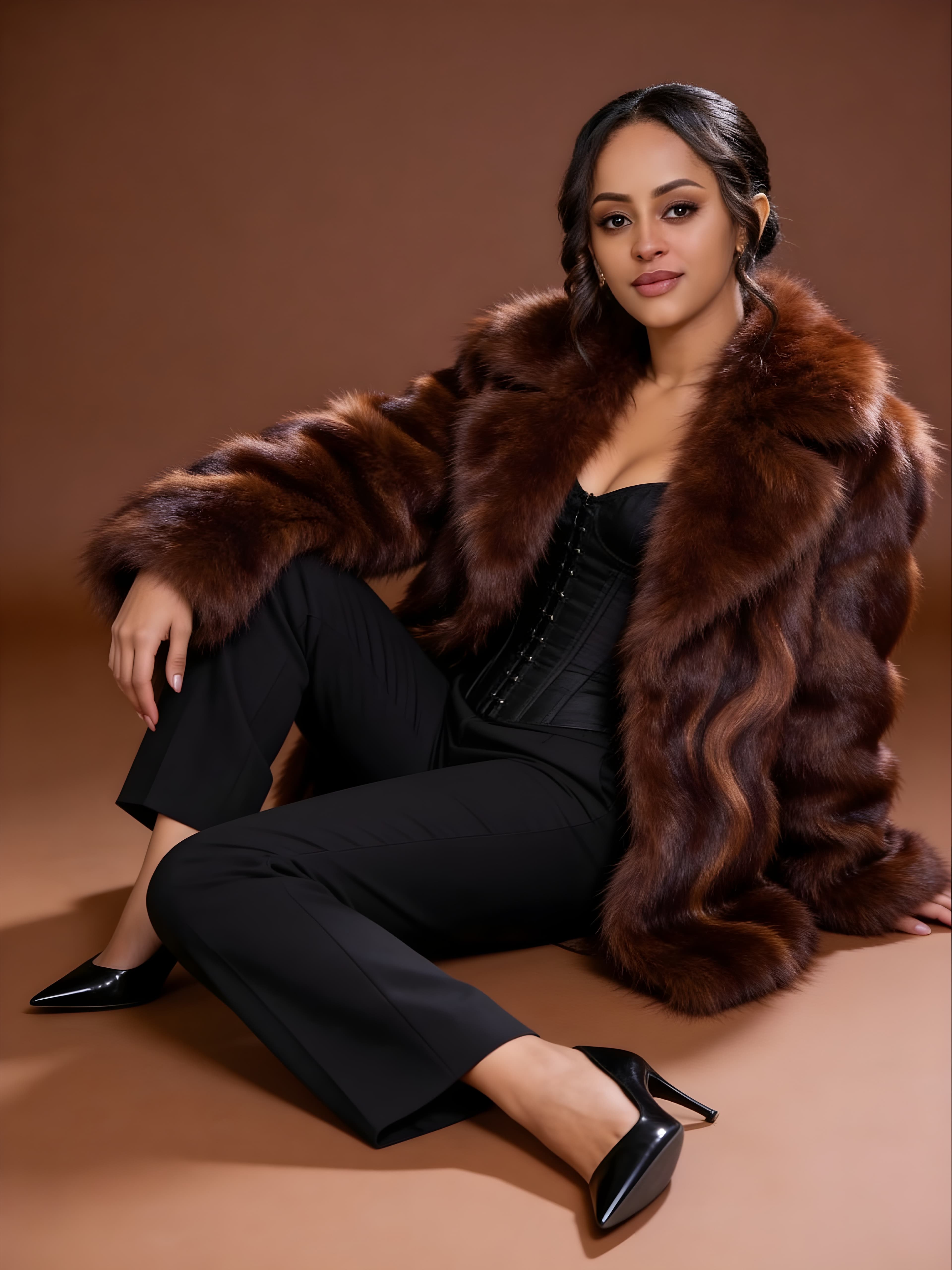 Veronica Adane posed in a deep brown fur coat with black tailoring against a caramel studio background.