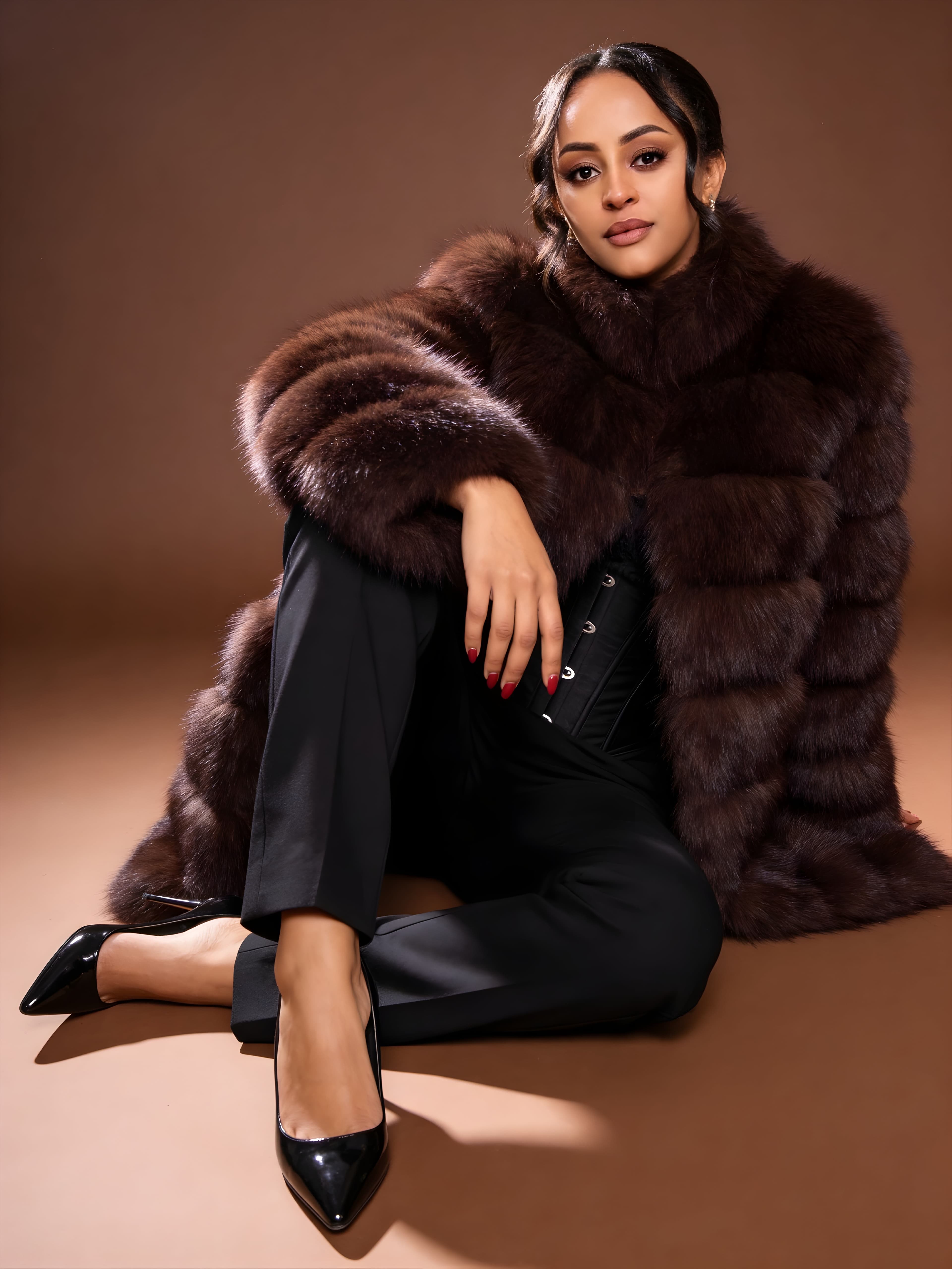 Veronica Adane seated in a rich brown fur coat and black tailored look.