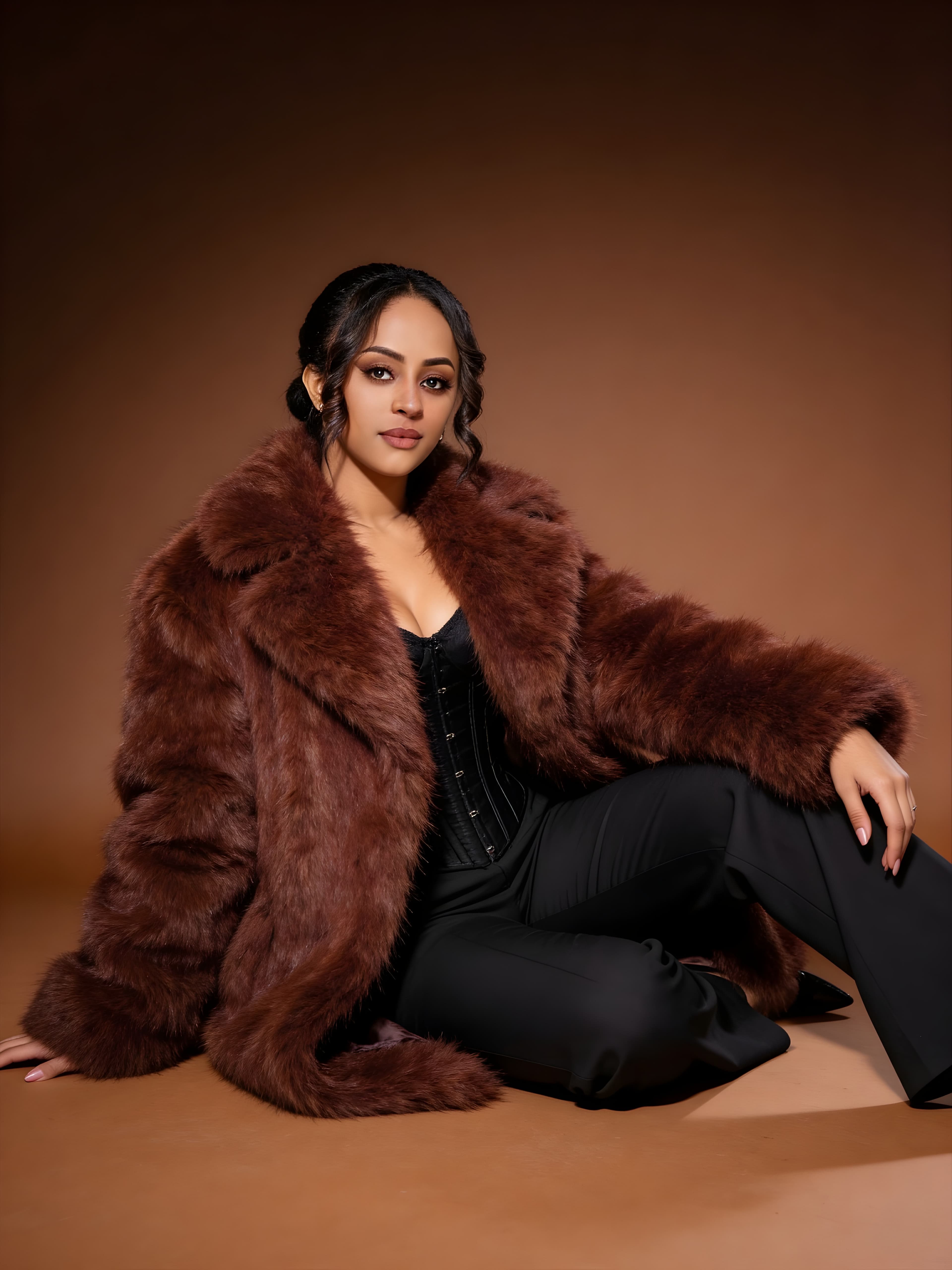 Veronica Adane seated in a brown fur coat over black tailoring on a warm studio set.