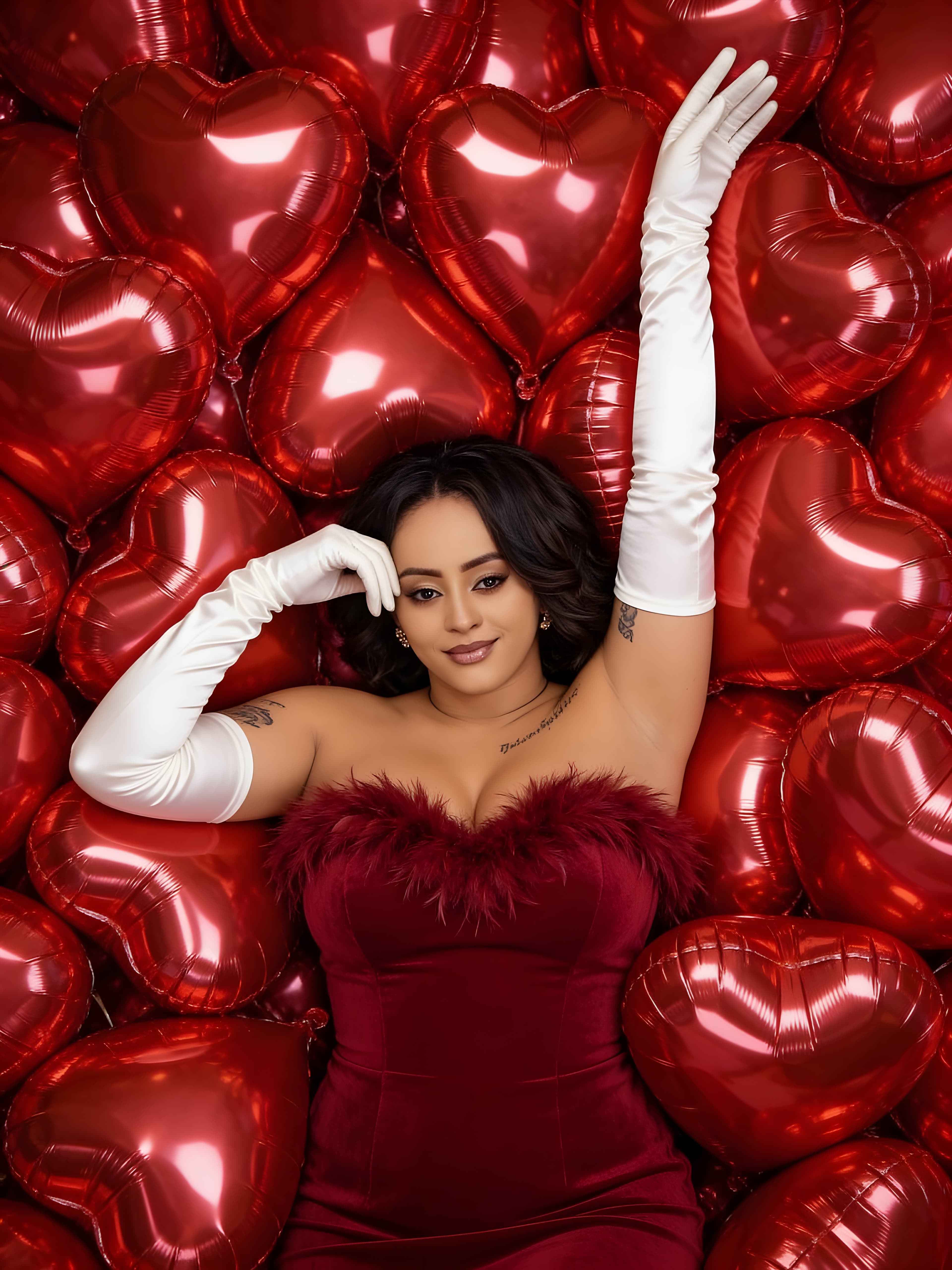 Veronica Adane in a crimson gown with white opera gloves framed by red heart balloons.