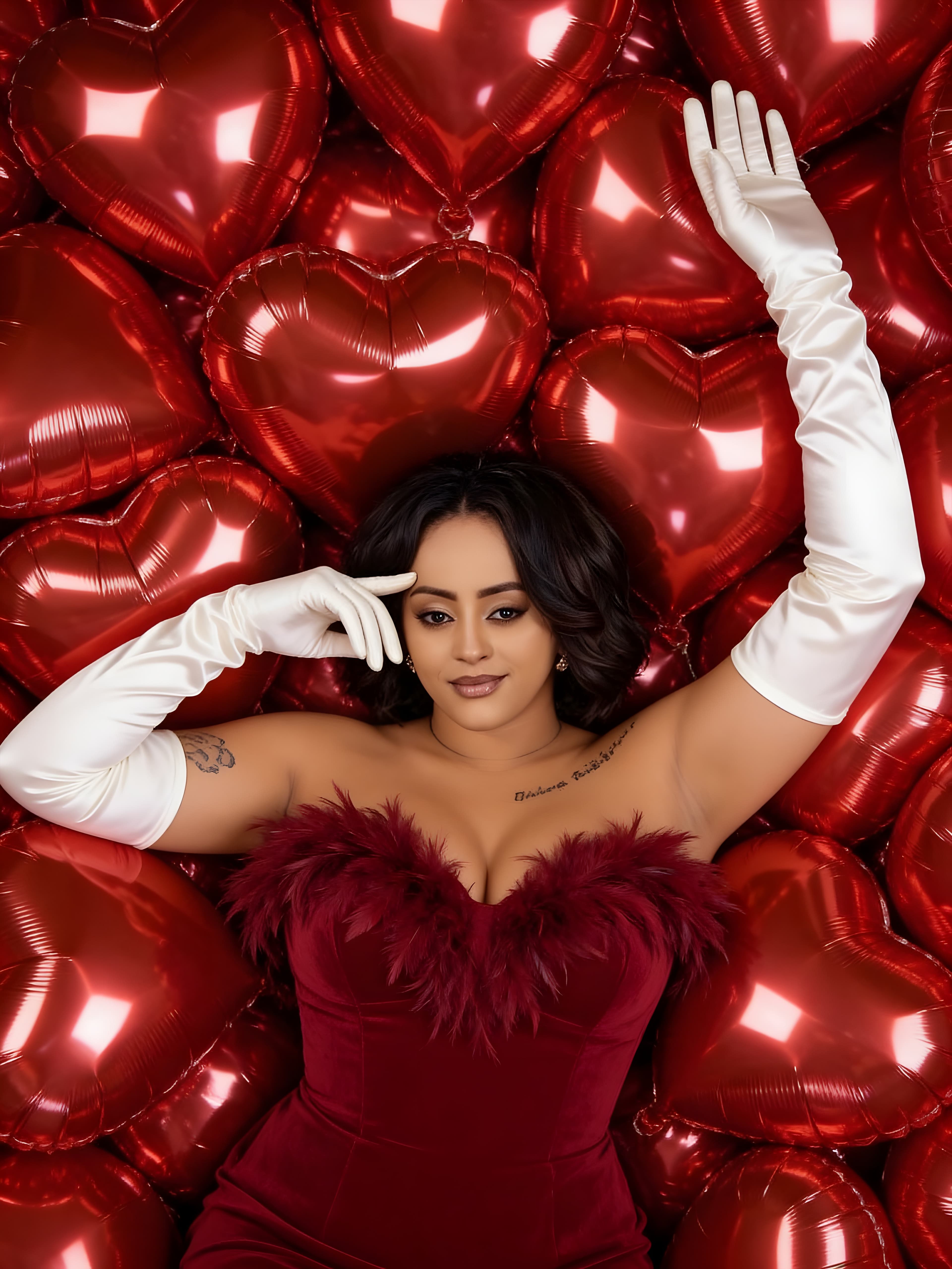 Veronica Adane in a red gown against a wall of red heart balloons.