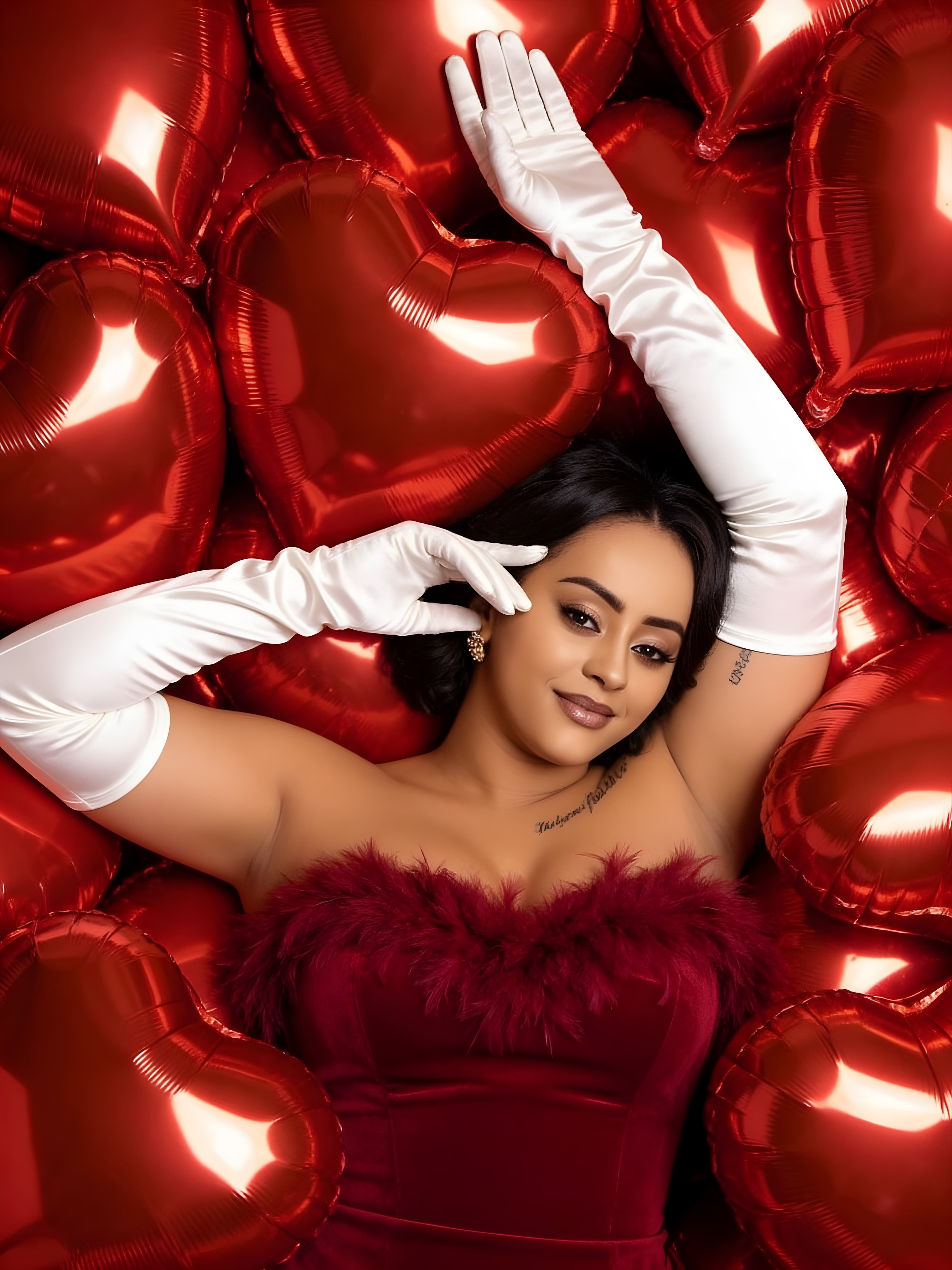 Close glamour portrait of Veronica Adane in a red gown and white gloves framed by heart balloons.